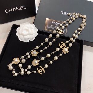 CHANEL Gold and Pearl Logo Necklace